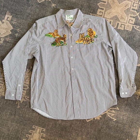 quacky factory Tops - RARE VINTAGE Striped Shirt button down  Tiger Embroidery